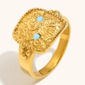 Vintage 18K gold plated stainless steel ring with lava texture and blue enamel accents - US 6 / Hammered Sun Signet Ring / Gold