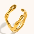 Irregular lava gold ring with minimalist liquid metal flow design and adjustable opening - Minimalist Irregular Line Open Ring / Gold