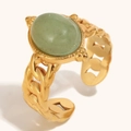 Anello in acciaio inossidabile placcato oro 18K con pietra verde ovale e maglia a catena - Anello Aperto Catena Aventurina Verde (Oro)