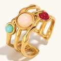 Double-layer 18K gold plated wavy ring with green, pink and red cabochon stones - Double Layer Multi-color Gemstone Open Ring (Gold)