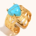 18K gold plated heart turquoise open ring with intricate branch texture and blue stone - Blue Turquoise Heart Open Ring (Gold)