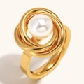 18K gold plated stainless steel wrap ring featuring a large lustrous white pearl center - Wraparound Pearl Ring (Gold-Size 6)