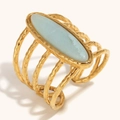 Anello largo aperto placcato oro 18K con trama a onde e pietra ovale blu - Anello Aperto a Barra Lunga con Gemma (Oro)