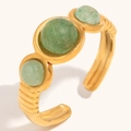 Bague ajustable en acier inoxydable doré 18 carats avec trois pierres d'aventurine verte - Bague Ouverte Trois Aventurines Vertes