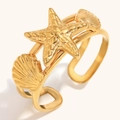 Bague ouverte en acier inoxydable doré 18 carats avec breloques étoile de mer et coquillage - Bague Ouverte Étoile de Mer Coquillage