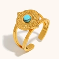 Anello sole vintage in acciaio inossidabile placcato oro 18K con turchese blu - Sole Turchese Blu