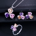 Three-piece clover jewelry set with purple pink heart crystals on necklace earrings and ring - Size 6 / Colorful