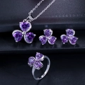 Macro shot of purple heart-shaped zircon necklace, earrings and ring set in silver finish - Purple