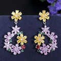 Colorful floral drop earrings with multicolored crystals and vibrant S925 silver studs - Pink