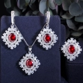 Luxe zilverkleurige sieradenset met robijnrode stenen en zirkoon halo op fluweel - Zes / Rood