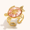 Vergoldeter Fisch-Ring aus Edelstahl mit Seestern-Schildkröte und Muschel-Inlay - Rosa Muschel Schildkröte Fisch Stil / Offen Verstelbar