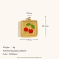 Detail of 18K gold plated square pendant with cherry enamel and technical dimensions - Enamel Cherry Style / Drip Oil Cherry Pendant - Gold