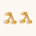 Polished 18K gold-plated stainless steel cherry stud earrings on a beige background - Small Cherry Stud Earrings - Gold