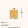 18K gold plated stainless steel square pendant with embossed rose flower design and loop - Square Plate Rose - Gold