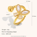 Edelstahl-Ring mit 18K Goldbeschichtung, Doppel-Schmetterlings-Design mit Perlen - Künstliche Perle Schmetterling Offener Ring (Gold)