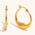 Golden 18K gold plated crescent hoop earrings with artistic embossed face texture - Gold