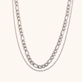 Silver double layer necklace featuring bold Figaro chain and thin link chain in stainless steel - Steel