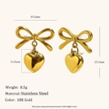 Orecchini a fiocco e cuore in acciaio inossidabile placcato oro 18K design elegante - Orecchini a Lobo a Cuore con Fiocco - Oro