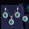 Elegant silver jewelry set with green oval gemstones and sparkling zircon accents - Matte Green