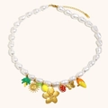 Baroque pearl necklace with 18K gold plated charms including strawberry and flower - Gold