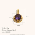 18K gold plated stainless steel pendant with purple round zircon including dimensions - Small Round Purple Zirconia Pendant / Gold
