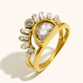Anillo vintage de doble capa bañado en oro 18K con media luna y circonitas estilo sol - US 6 / Dorado