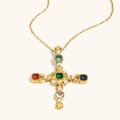 18K gold plated cross necklace with pearls and colorful square-cut gemstones - Cross Imitation Pearl Zirconia Necklace - Gold