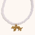 18K gold plated tiger pendant necklace with white pearls and cheetah motif detailing - Gold