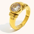 18K gold plated stainless steel ring featuring a round clear zircon stone inlay - Gold (White Zirconia)