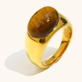 Bague en acier inoxydable plaqué or 18 carats avec pierre œil de tigre ovale - Bague Œil de Tigre Ovale - Or - Taille 6