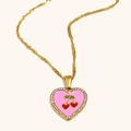 18K gold plated necklace with heart pendant, pink enamel and cherry motif with crystals - Pink Enamel Heart Cherry Pendant Necklace-Gold