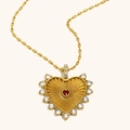 Vintage-Halskette mit Herzanhänger aus 18K vergoldetem Edelstahl und rotem Zirkon - Gravierte Herz Halskette-Gold