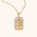 Pendentif rectangulaire plaqué or 18K avec émail rose et cristaux scintillants - Lion / Or