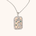Collier pendentif rectangle argenté avec relief hippocampe, émail et cristaux - Lion / Acier