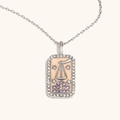 Collier signe balance en argent avec pendentif rectangle émaillé beige et cristaux violets - Balance / Acier
