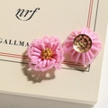 Close-up of pink beaded flower earrings with intricate woven petals and gold centers - 1 Piece / Pink