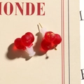 Macro view of red translucent candy-colored balloon-shaped resin stud earring on artistic card - Red (B74-2-9-18)