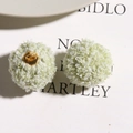 Macro shot of two light green plush pompom beads with golden metal loops for DIY jewelry - Light Green
