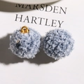 Detail shot of blue curly faux teddy fur pompom pendants for DIY jewelry with gold metal loop - Dark Blue