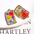 Rectangle gold resin pendant with colorful dried flowers for DIY jewelry making - Dried Flower Style