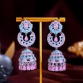 Luxurious S925 silver Jhumka earrings with pink zircons and turquoise beads detail - Bell Tassel Long Drop / Pink And Blue (925 Sterling Silver Post)