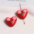 Red heart-shaped beads with pink tulip pattern for DIY jewelry and phone chains - Red