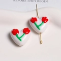 White heart-shaped bead with red tulip floral pattern for DIY jewelry making - White