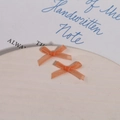 Macro detail of soft peach organza bow nail art charms on a white ceramic tray - Orange