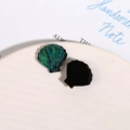 Détail des boucles d'oreilles en résine coquillage irisées aux reflets vert et bleu - Noir Vert