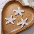 Dettaglio di tre ciondoli a forma di stella marina in resina in un vassoio di legno - Stella marina