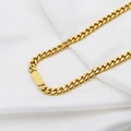 Elegant gold cuban link necklace with rectangular polished metal tag on white silk - Smooth Surface Necklace (DG-XL00195) / Gold