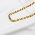 Gold Cuban link necklace featuring a green malachite oval inlay on white silk - Green Shell Necklace (DG-XL00195) / Gold