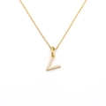 Macro detail of gold letter L pendant with sparkling micro-pave crystals on thin chain - Letter V (DG-XL00159-V)
