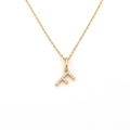 Gold stainless steel necklace featuring a crystal paved letter F pendant on a cross chain - Letter F (DG-XL00159-F)